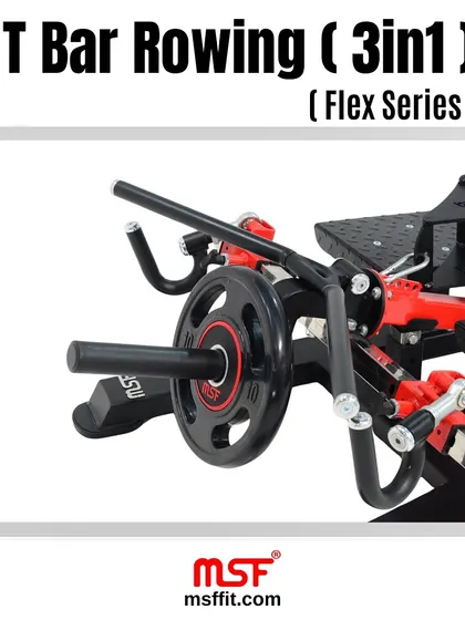 A close-up of the plate-loaded system and multiple handle grips on the 3-in-1 T-Bar Rowing machine.