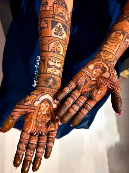 This design features a bride and groom portrait on each hand. The bride is shown holding a diya, adding a beautiful, symbolic touch to the artwork.