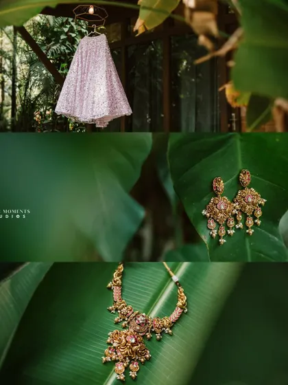 Detail shots of the bride's lehenga and jewelry before the ceremony. These photos appreciate the craftsmanship and beauty of every element of the bridal look.