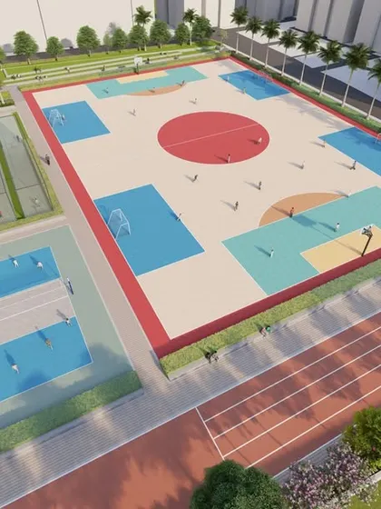 This aerial render illustrates the layout of the MUGA court at New Baldwin School, designed for multiple sports like basketball and volleyball, alongside dedicated cricket nets.