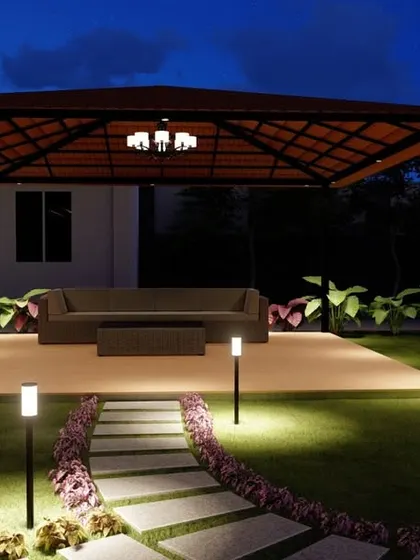 The night view of our 3D garden design, showing how landscape lighting can be used to highlight pathways, seating areas, and plants, creating a magical evening atmosphere.