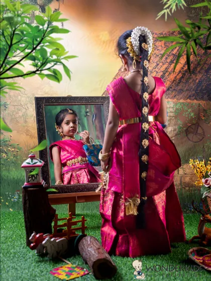 A creative shot of a girl in a pink and orange traditional dress, looking at her own reflection. This setup adds a layer of storytelling and artistry to a traditional photoshoot.