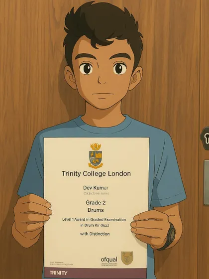 An anime version of one of our proud students holding his Trinity College certificate. We love celebrating our students' success in creative ways.