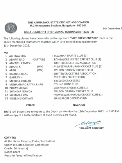 More success! Another official KSCA selection list for the Vice President's XI team, featuring more of our talented academy players.