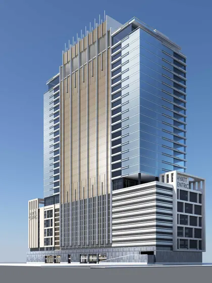 This render shows the full scale of the Hyatt Centric and IT park in Mahape. The design clearly delineates the hotel and office functions while maintaining a unified, sophisticated architectural language.