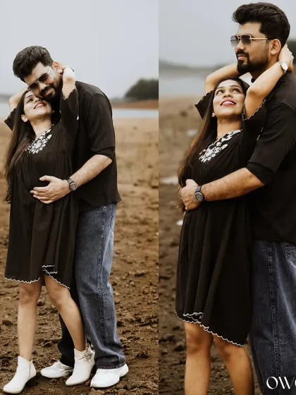 A two-panel collage showing a couple's loving embrace from different angles during their lakeside pre-wedding shoot.