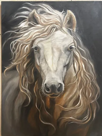 We also create realistic and expressive horse portraits. Whether it's a detailed oil painting on wood or a modern sketch, our artists can capture the unique spirit of these magnificent animals.