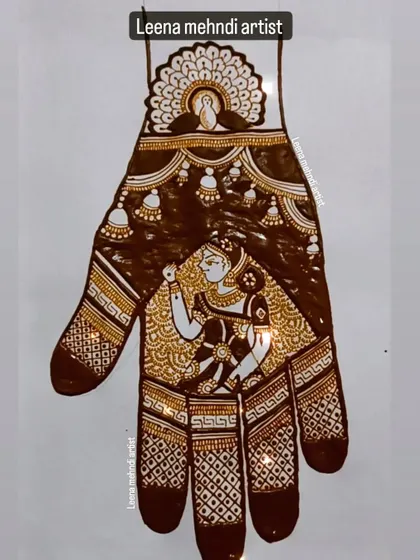 A beautiful portrait design featuring a woman in a traditional pose. This kind of figure work can be the centerpiece of a bridal or festive design.