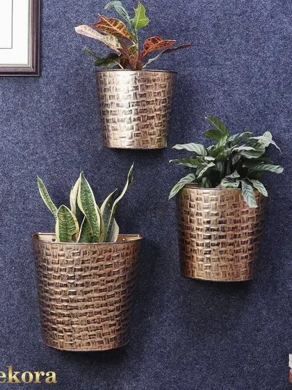 This set of three wall-mounted metal planters features a beautiful, textured basket-weave pattern. They are perfect for bringing a touch of greenery to your walls, ideal for succulents or small indoor plants.