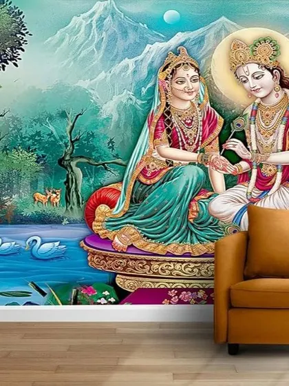 A beautiful depiction of Radha and Krishna by a serene lake with swans. This picturesque and devotional wallpaper brings a story of divine romance and natural beauty to your living space.