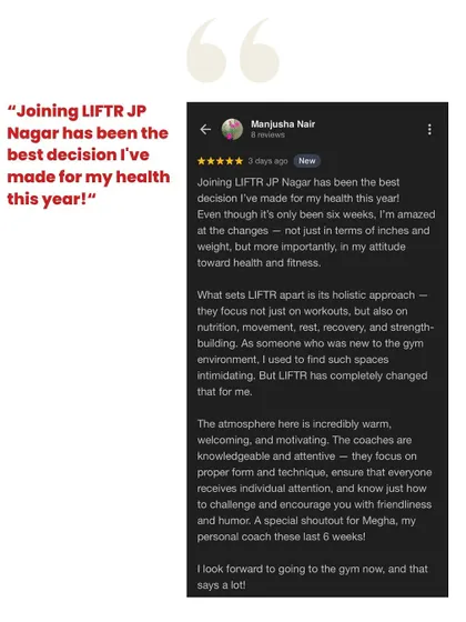 Manjusha's glowing review calls joining LIFTR the "best decision I've made for my health this year," praising our holistic approach and welcoming atmosphere.