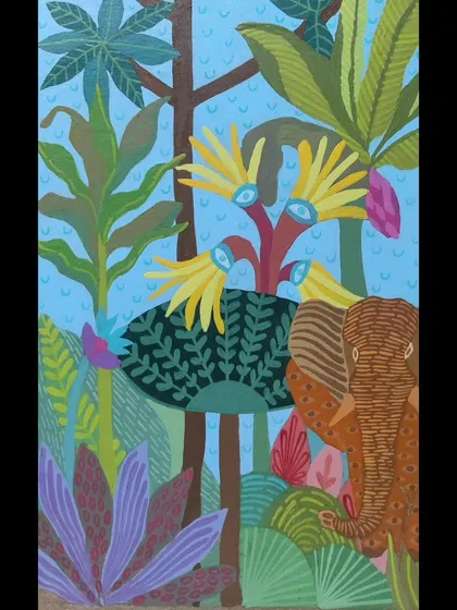 A full view of the custom jungle painting featuring a patterned elephant. The vibrant colors and stylized plants make this a joyful and imaginative piece, perfect for adding personality to a room.