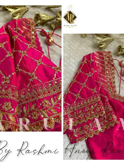A vibrant pink blouse with heavy zardosi embroidery in a traditional jaal pattern. This is a perfect statement piece for a bride or for any grand festive occasion.