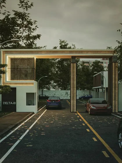 A slightly different angle of the entrance gate render, providing a comprehensive view of the design. 3D visualization is a crucial step in our architectural process for ensuring client satisfaction.