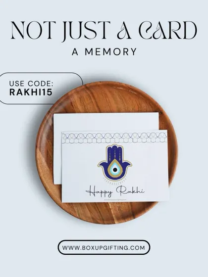 Not just a card, a memory. This evil-eye themed "Happy Rakhi" card is a small keepsake that your sibling can cherish long after the festival is over.