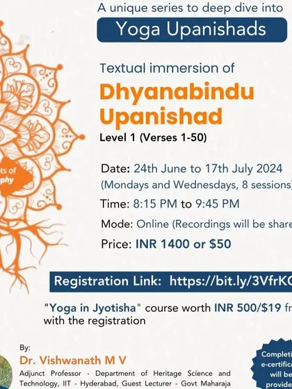Flyer for the Dhyanabindu Upanishad (Level 1) textual immersion course, detailing the session dates, topics, and a free bonus course on 'Yoga in Jyotisha'.