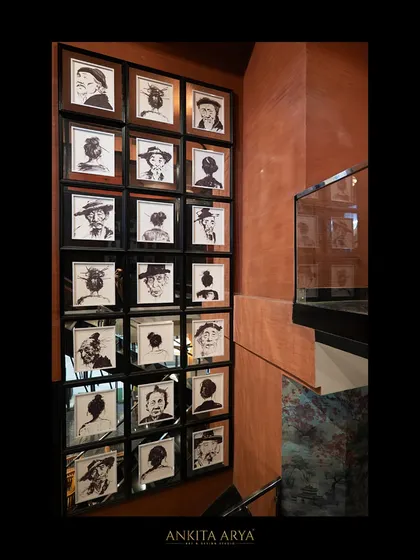 A gallery wall of custom portrait artworks I created for Shanghigh. Each portrait is done in a whimsical, illustrative style, adding character and a unique narrative to the restaurant's interior.