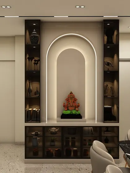 A 3D render showcasing a custom pooja unit with an arched niche and integrated display shelves, elegantly incorporated into the living and dining area.
