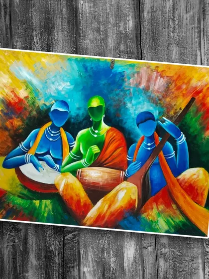 A vibrant and expressive acrylic painting of musicians. Our classes help students develop their own unique style, whether it's realistic or abstract.
