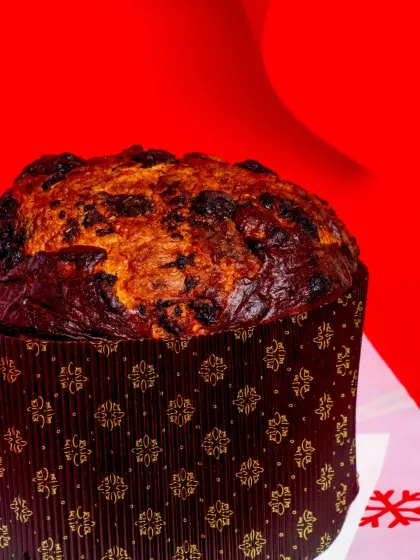 The beautiful, dark, and rustic top of the Triple Chocolate Panettone.
