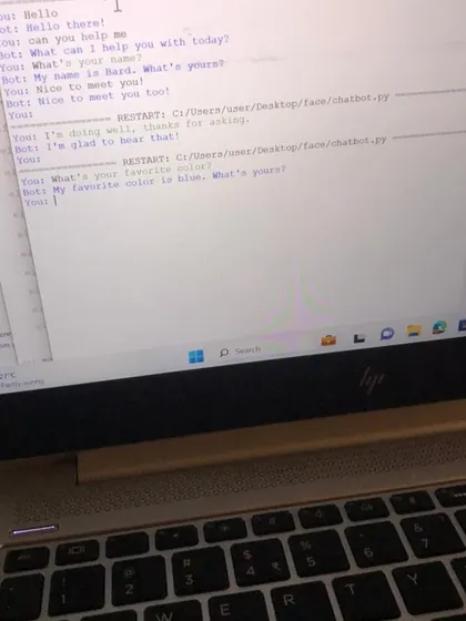 A look at the Python code for a simple chatbot program running in a terminal, showing a basic conversation between the user and the bot.
