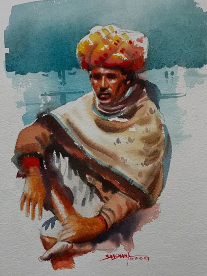 A colorful watercolor portrait of a man with a vibrant turban, demonstrating the use of bold color in portraiture.