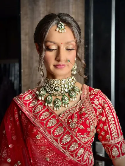 A detailed shot of the eye makeup, showing a soft brown and shimmer eyeshadow look that beautifully defines the eyes without being too heavy.