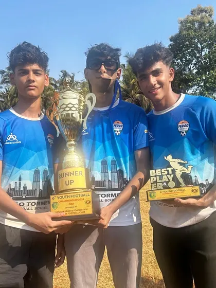 Our players with their runner-up trophy and best player award from the Goa Football Festival. Competing at a national level is part of our development pathway.