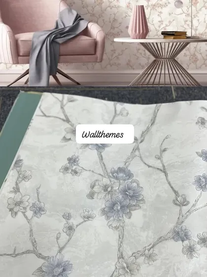 A collage showing a cherry blossom wallpaper in a room setting and a close-up of the sample book.