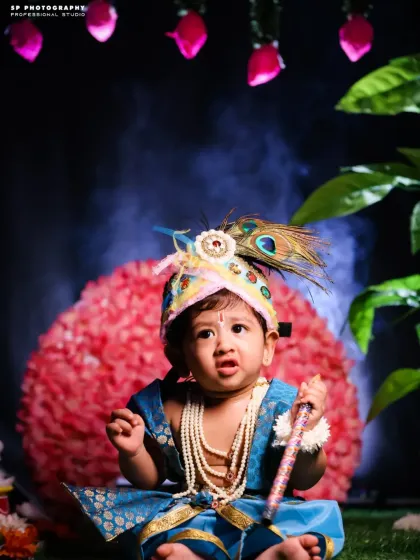 For festive occasions like Janmashtami, we offer themed studio sessions. This portrait of a baby dressed as Krishna showcases our creative styling and ability to capture a perfect, curious expression.