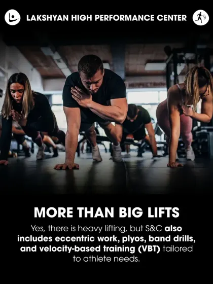 It's more than big lifts. We use eccentric work, plyos, band drills, and velocity-based training (VBT) tailored to each athlete's needs.