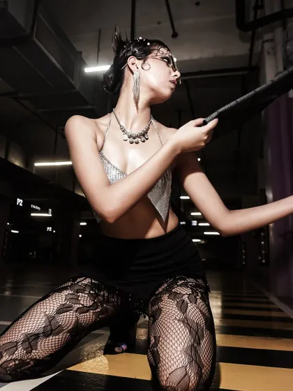 A duplicate of image 7, showcasing the strong profile and the unique styling in this edgy editorial concept.