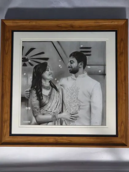 The final framed piece, with a wood-finish frame that complements the traditional feel of the portrait.