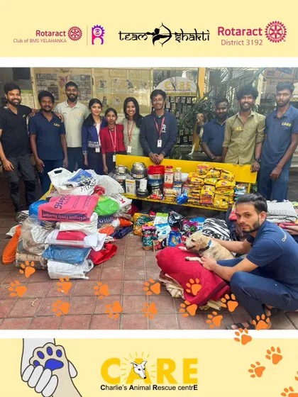 The Rotaract team poses with the mountain of supplies they collected for us. Community-led initiatives like this are vital for our continued operation.