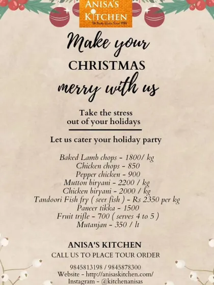 Another version of our Christmas holiday menu, offering a mix of our signature dishes like Mutton Biryani and Tandoori Fish Fry alongside festive specials.