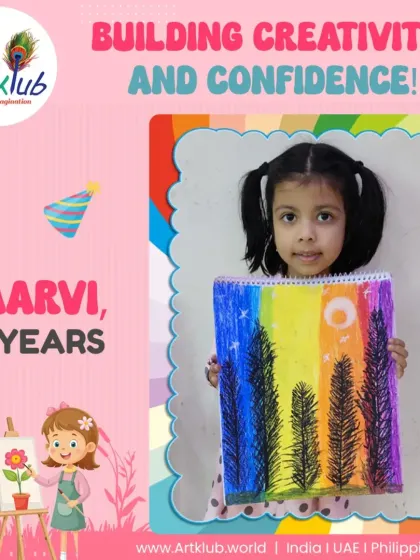 Six-year-old Aarvi builds her confidence with this beautiful and colorful forest scene using a unique brushstroke technique.