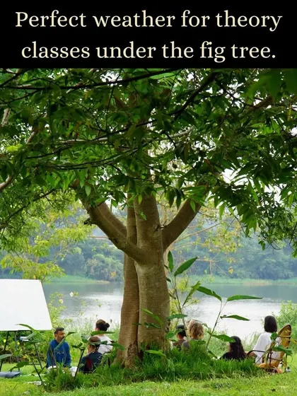 The perfect weather for a yoga philosophy class under the shade of a fig tree by the river. We often take our theory sessions outdoors to connect with nature.