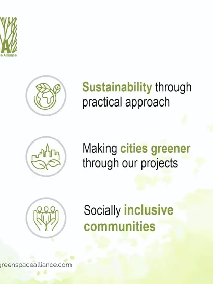 This graphic highlights our principles of achieving sustainability through a practical approach, making cities greener through our projects, and building socially inclusive communities. These values are at the heart of everything we do.