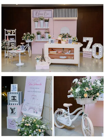 For a sophisticated 70th birthday, we brought a touch of Parisian luxury to life. This collage shows our custom dessert cart, a chic bloom bar, and designer-inspired welcome decor, demonstrating our ability to execute elegant and mature themes.