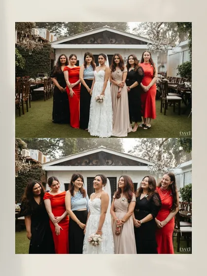 A joyful collage of the bride with her bridesmaids. The mix of formal and candid shots captures the fun and supportive bond they share.