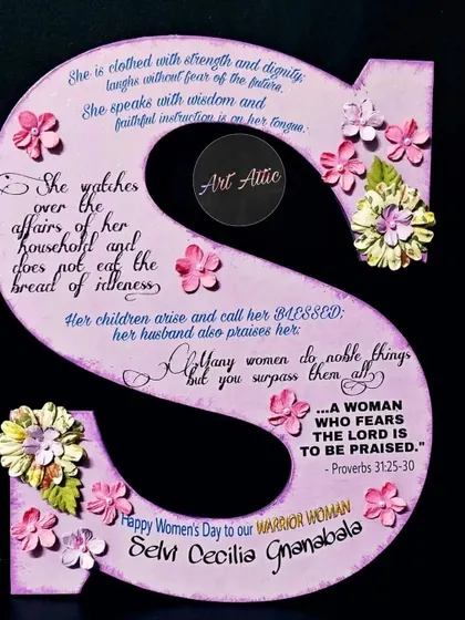 A custom monogram made for a "warrior woman" to celebrate Women's Day. The quotes were specifically chosen by her friend to honor her strength.