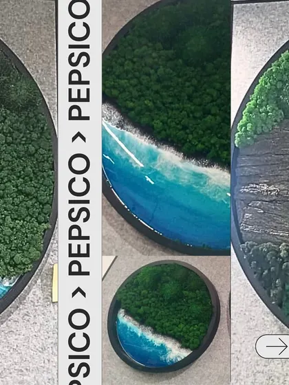 A collage showcasing the different designs and sizes of the resin and moss artworks installed at the PepsiCo office, ranging from 3 to 5 feet.