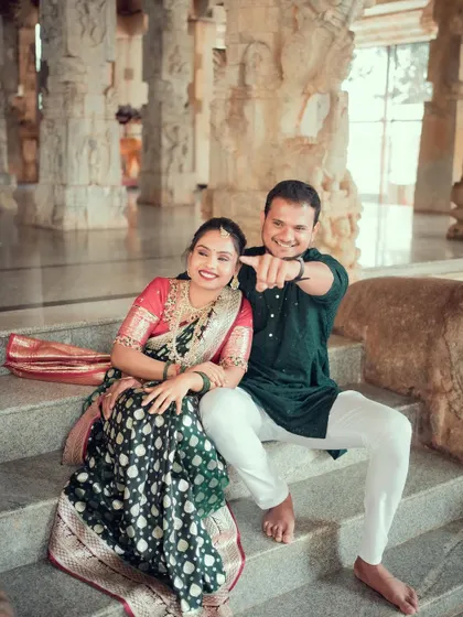 A fun and interactive pre-wedding photo in a temple setting. We encourage couples to be themselves and have fun during their shoot.