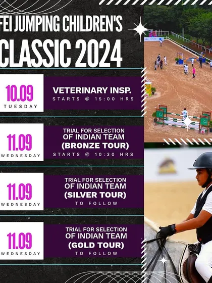 Here is the schedule for the first two days of the FEI Jumping Children's Classic, including the veterinary inspection and the trials for the selection of Team India.