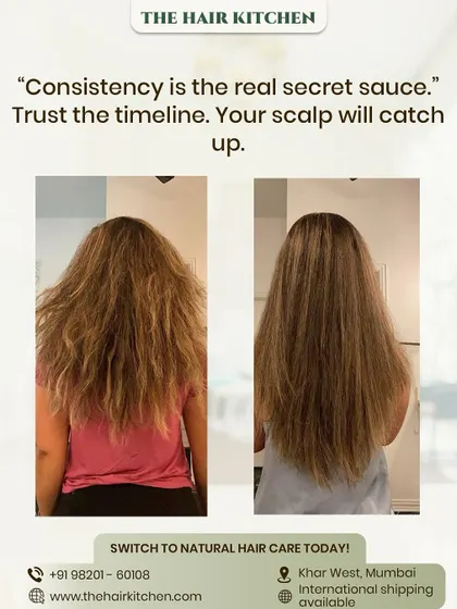 Consistency is the key to lasting results. This before-and-after image demonstrates how a dedicated, natural hair care routine over time can transform frizzy, unmanageable hair into smoother, healthier strands.