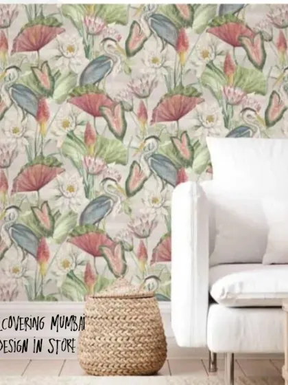 This elegant wallpaper features herons and water lilies, bringing a touch of nature's tranquility indoors. It's a sophisticated choice for a living room or formal sitting area.