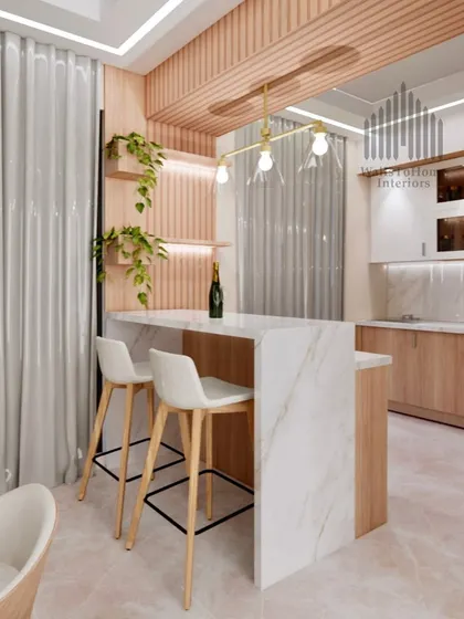A beautiful kitchen render featuring a breakfast bar with a marble waterfall countertop, wooden accents, and hanging plants for a touch of nature.