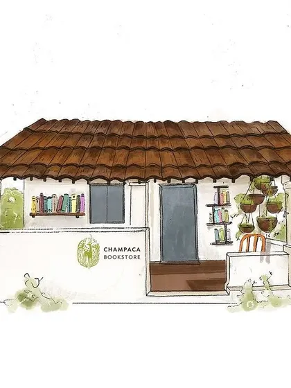 An early concept sketch for a new Champaca location, envisioning a space with the charm of a traditional home. The drawing captures the essence of a cozy, welcoming bookstore.