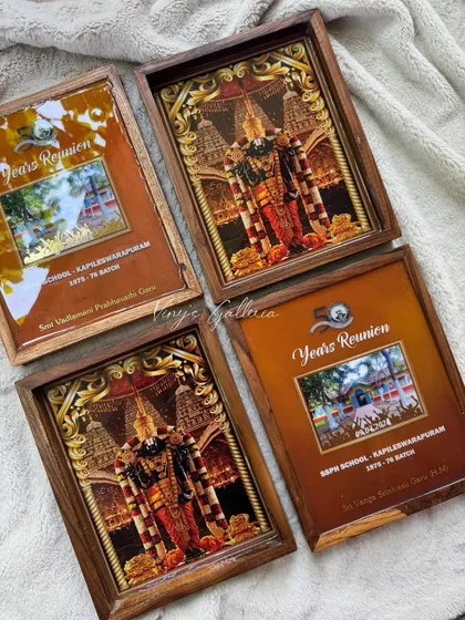 Both sides of the reunion frames displayed together. There's nothing more heartfelt than a dual-sided memory frame to honor a teacher, guru, or elder.