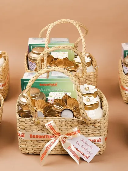 We can handle bulk orders without compromising on quality. Here's a lineup of our eco-friendly Diwali baskets, each one consistently and beautifully assembled for a large corporate client.